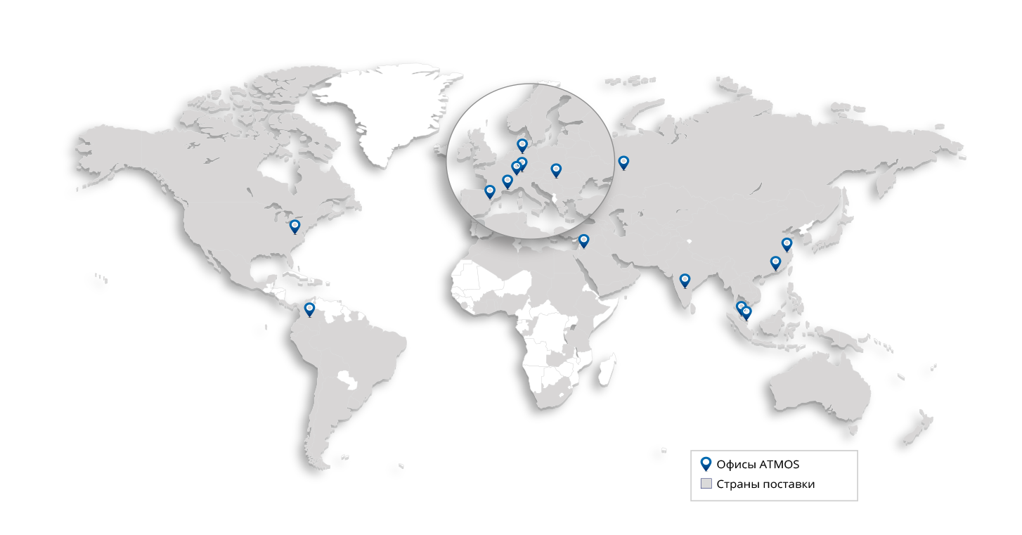 Landkarte mit eingefärbten Ländern, die von ATMOS beliefert werden